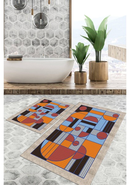 Dijital Baskılı Kaymaz Tabanlı Yıkanabilir 2'li Set Banya Halısı Klozet Takımı Paspas VHKZ-SD-1003