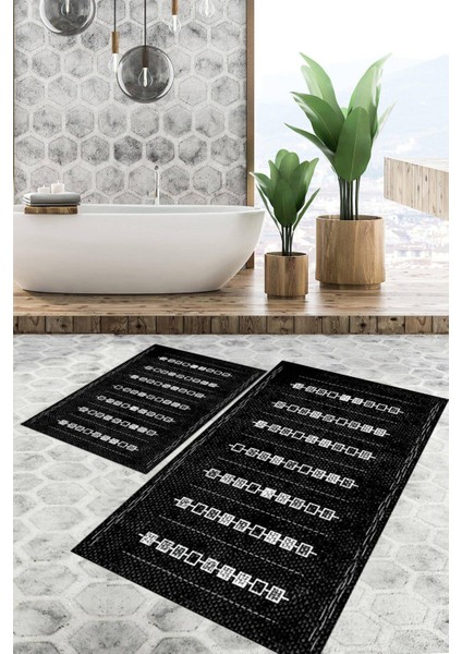 Dijital Baskılı Kaymaz Tabanlı Yıkanabilir 2'li Set Banya Halısı Klozet Takımı Paspas VHKZ-SD-1013