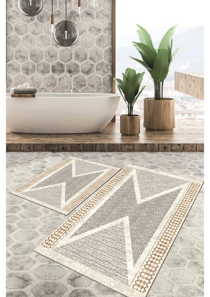 Dijital Baskılı Kaymaz Tabanlı Yıkanabilir 2'li Set Banya Halısı Klozet Takımı Paspas VHKZ-HT-170