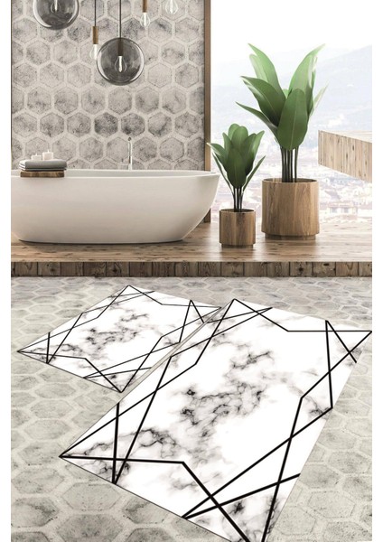 Dijital Baskılı Kaymaz Tabanlı Yıkanabilir 2'li Set Banya Halısı Klozet Takımı Paspas VHKZ-HT-329