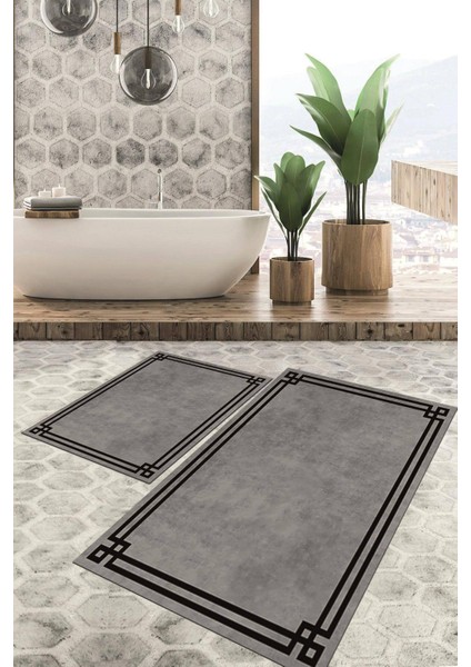 Dijital Baskılı Kaymaz Tabanlı Yıkanabilir 2'li Set Banya Halısı Klozet Takımı Paspas VHKZ-HT-431