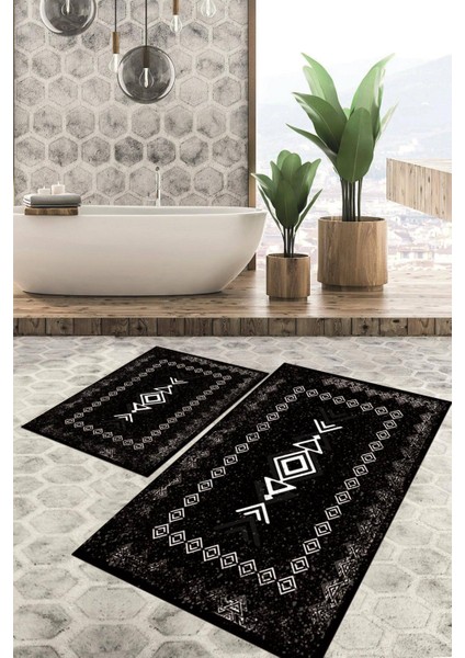 Dijital Baskılı Kaymaz Tabanlı Yıkanabilir 2'li Set Banya Halısı Klozet Takımı Paspas VHKZ-SD-1045