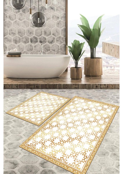 Dijital Baskılı Kaymaz Tabanlı Yıkanabilir 2'li Set Banya Halısı Klozet Takımı Paspas VHKZ-SD-1110