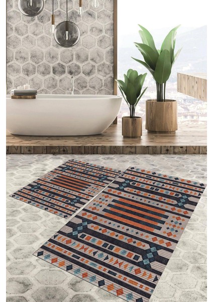 Dijital Baskılı Kaymaz Tabanlı Yıkanabilir 2'li Set Banya Halısı Klozet Takımı Paspas VHKZ-SD-1115