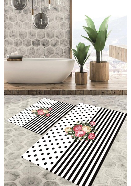Dijital Baskılı Kaymaz Tabanlı Yıkanabilir 2'li Set Banya Halısı Klozet Takımı Paspas VHKZ-HT-305