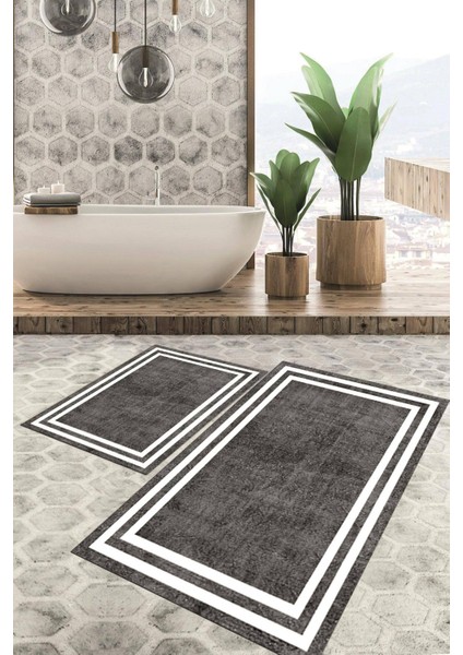 Dijital Baskılı Kaymaz Tabanlı Yıkanabilir 2'li Set Banya Halısı Klozet Takımı Paspas VHKZ-HT-575