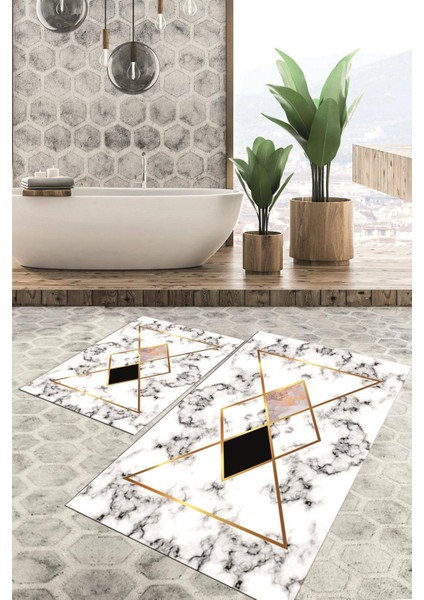 Dijital Baskılı Kaymaz Tabanlı Yıkanabilir 2'li Set Banya Halısı Klozet Takımı Paspas VHKZ-HT-637