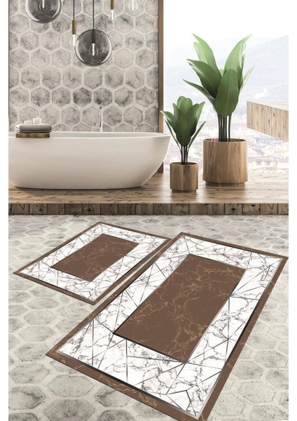 Dijital Baskılı Kaymaz Tabanlı Yıkanabilir 2'li Set Banya Halısı Klozet Takımı Paspas VHKZ-HT-657