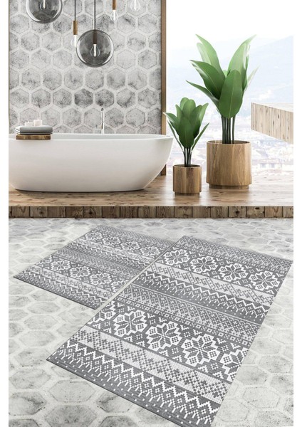 Dijital Baskılı Kaymaz Tabanlı Yıkanabilir 2'li Set Banya Halısı Klozet Takımı Paspas VHKZ-HT-988