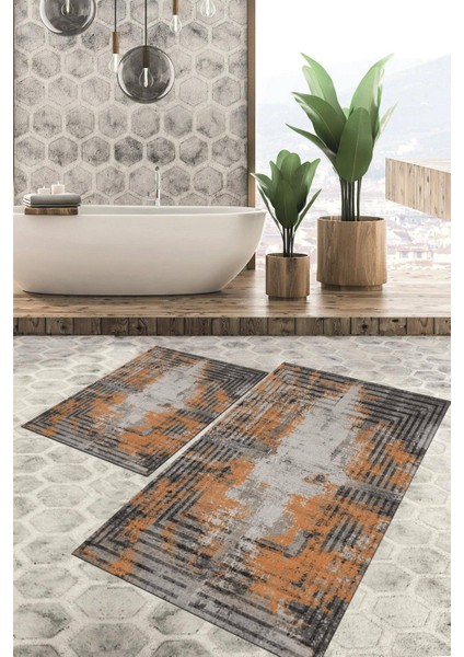 Dijital Baskılı Kaymaz Tabanlı Yıkanabilir 2'li Set Banya Halısı Klozet Takımı Paspas VHKZ-SD-293