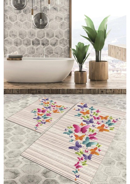 Dijital Baskılı Kaymaz Tabanlı Yıkanabilir 2'li Set Banya Halısı Klozet Takımı Paspas VHKZ-HT-767