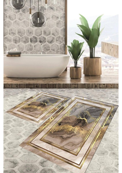 Dijital Baskılı Kaymaz Tabanlı Yıkanabilir 2'li Set Banya Halısı Klozet Takımı Paspas VHKZ-HY-1180