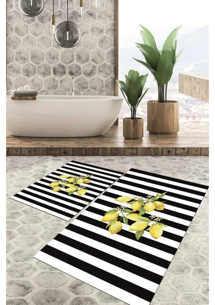 Dijital Baskılı Kaymaz Tabanlı Yıkanabilir 2'li Set Banya Halısı Klozet Takımı Paspas VHKZ-HY-1216