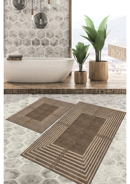 Dijital Baskılı Kaymaz Tabanlı Yıkanabilir 2'li Set Banya Halısı Klozet Takımı Paspas VHKZ-HY-1241