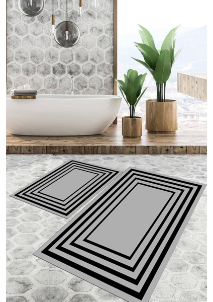 Dijital Baskılı Kaymaz Tabanlı Yıkanabilir 2'li Set Banya Halısı Klozet Takımı Paspas VHKZ-SD-756