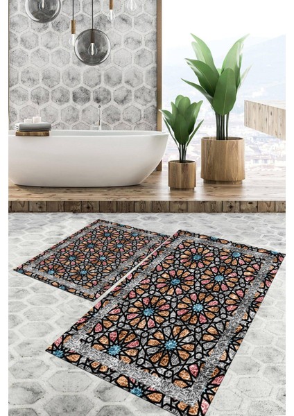 Dijital Baskılı Kaymaz Tabanlı Yıkanabilir 2'li Set Banya Halısı Klozet Takımı Paspas VHKZ-SD-812