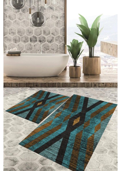 Dijital Baskılı Kaymaz Tabanlı Yıkanabilir 2'li Set Banya Halısı Klozet Takımı Paspas VHKZ-SD-282