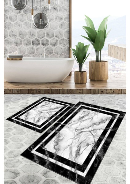 Dijital Baskılı Kaymaz Tabanlı Yıkanabilir 2'li Set Banya Halısı Klozet Takımı Paspas VHKZ-SD-501