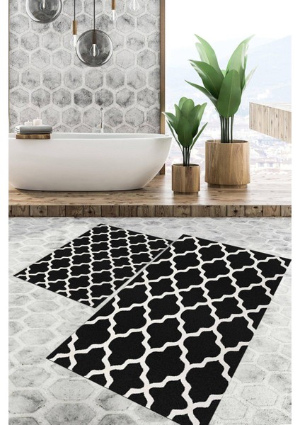 Dijital Baskılı Kaymaz Tabanlı Yıkanabilir 2'li Set Banya Halısı Klozet Takımı Paspas VHKZ-SD-515