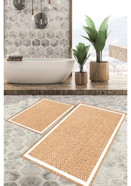 Dijital Baskılı Kaymaz Tabanlı Yıkanabilir 2'li Set Banya Halısı Klozet Takımı Paspas VHKZ-SD-346