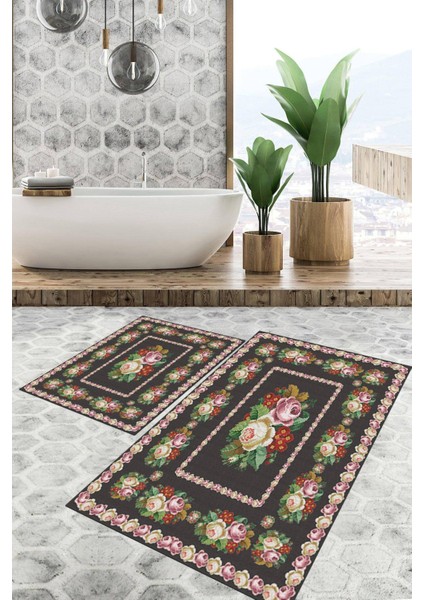 Dijital Baskılı Kaymaz Tabanlı Yıkanabilir 2'li Set Banya Halısı Klozet Takımı Paspas VHKZ-SD-402