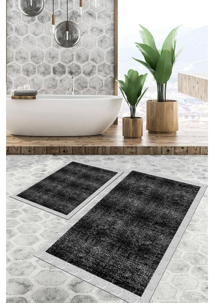 Dijital Baskılı Kaymaz Tabanlı Yıkanabilir 2'li Set Banya Halısı Klozet Takımı Paspas VHKZ-SD-874