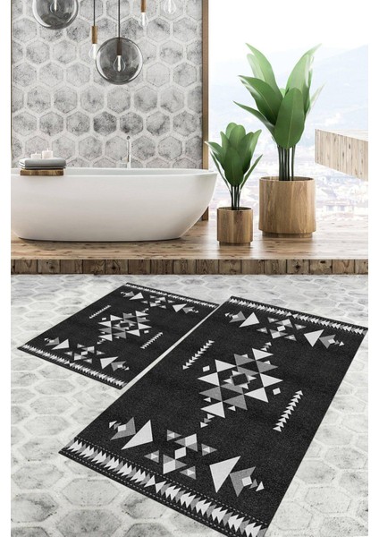 Dijital Baskılı Kaymaz Tabanlı Yıkanabilir 2'li Set Banya Halısı Klozet Takımı Paspas VHKZ-SD-1060