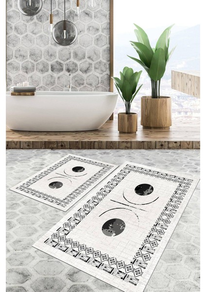 Dijital Baskılı Kaymaz Tabanlı Yıkanabilir 2'li Set Banya Halısı Klozet Takımı Paspas VHKZ-SD-1067