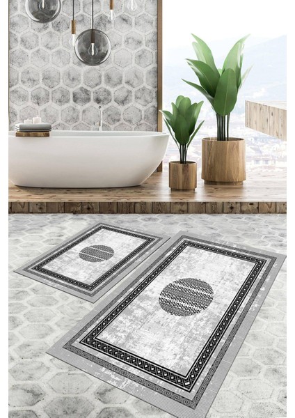 Dijital Baskılı Kaymaz Tabanlı Yıkanabilir 2'li Set Banya Halısı Klozet Takımı Paspas VHKZ-SD-1081