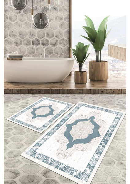 Dijital Baskılı Kaymaz Tabanlı Yıkanabilir 2'li Set Banya Halısı Klozet Takımı Paspas VHKZ-HY-1059