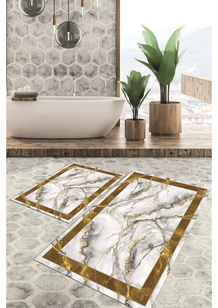 Dijital Baskılı Kaymaz Tabanlı Yıkanabilir 2'li Set Banya Halısı Klozet Takımı Paspas Vhkz-Sd-2