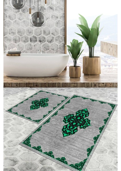 Dijital Baskılı Kaymaz Tabanlı Yıkanabilir 2'li Set Banya Halısı Klozet Takımı Paspas VHKZ-SD-1087