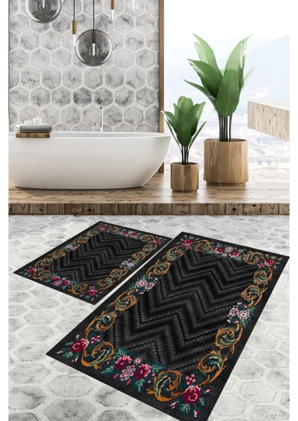 Dijital Baskılı Kaymaz Tabanlı Yıkanabilir 2'li Set Banya Halısı Klozet Takımı Paspas VHKZ-SD-237