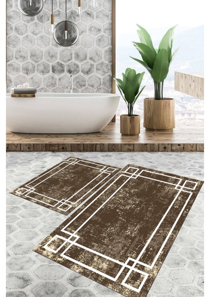Dijital Baskılı Kaymaz Tabanlı Yıkanabilir 2'li Set Banya Halısı Klozet Takımı Paspas VHKZ-SD-599