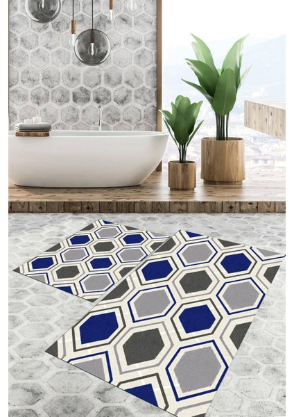 Dijital Baskılı Kaymaz Tabanlı Yıkanabilir 2'li Set Banya Halısı Klozet Takımı Paspas VHKZ-SD-881