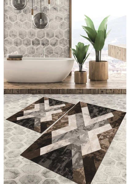 Dijital Baskılı Kaymaz Tabanlı Yıkanabilir 2'li Set Banya Halısı Klozet Takımı Paspas VHKZ-SD-287