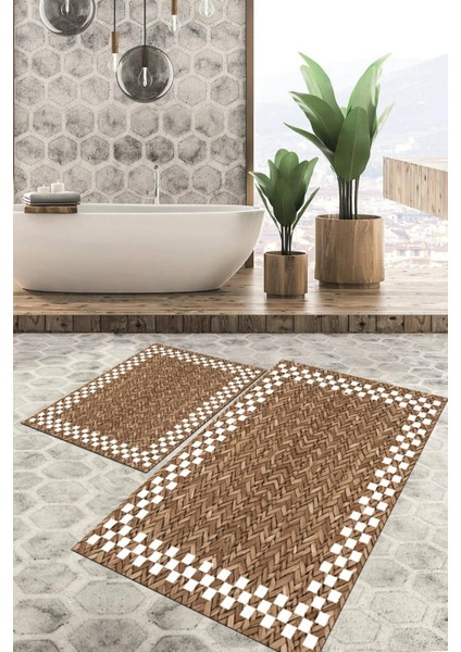 Dijital Baskılı Kaymaz Tabanlı Yıkanabilir 2'li Set Banya Halısı Klozet Takımı Paspas VHKZ-SD-360