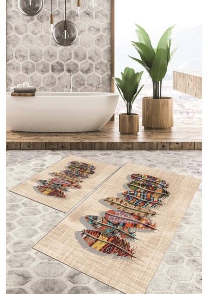 Dijital Baskılı Kaymaz Tabanlı Yıkanabilir 2'li Set Banya Halısı Klozet Takımı Paspas VHKZ-SD-561