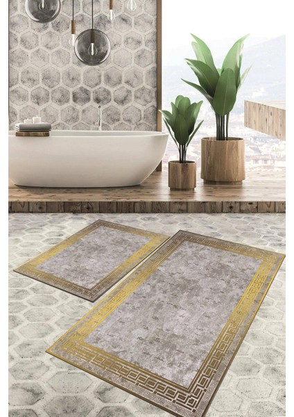 Dijital Baskılı Kaymaz Tabanlı Yıkanabilir 2'li Set Banya Halısı Klozet Takımı Paspas VHKZ-SD-864