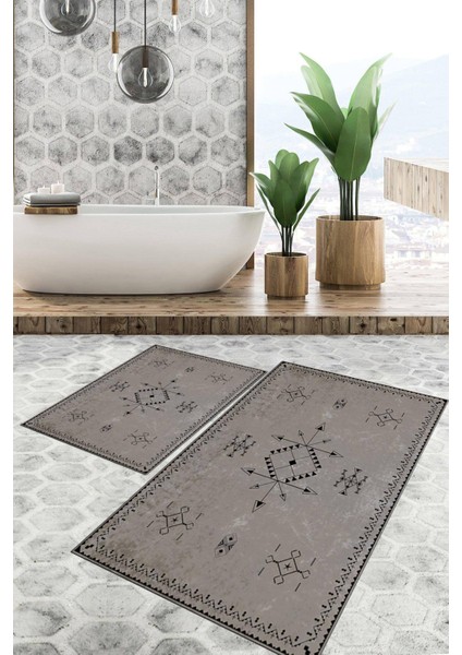 Dijital Baskılı Kaymaz Tabanlı Yıkanabilir 2'li Set Banya Halısı Klozet Takımı Paspas VHKZ-SD-957