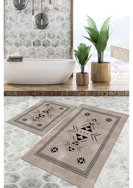 Dijital Baskılı Kaymaz Tabanlı Yıkanabilir 2'li Set Banya Halısı Klozet Takımı Paspas VHKZ-SD-858
