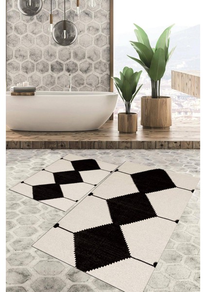 Dijital Baskılı Kaymaz Tabanlı Yıkanabilir 2'li Set Banya Halısı Klozet Takımı Paspas VHKZ-SD-950