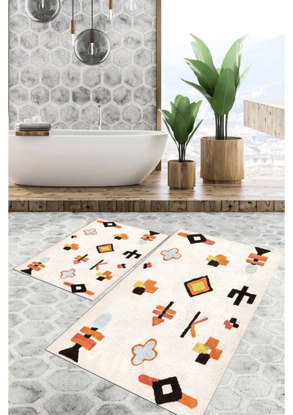 Dijital Baskılı Kaymaz Tabanlı Yıkanabilir 2'li Set Banya Halısı Klozet Takımı Paspas VHKZ-SD-953