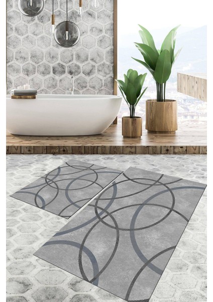 Dijital Baskılı Kaymaz Tabanlı Yıkanabilir 2'li Set Banya Halısı Klozet Takımı Paspas VHKZ-SD-993