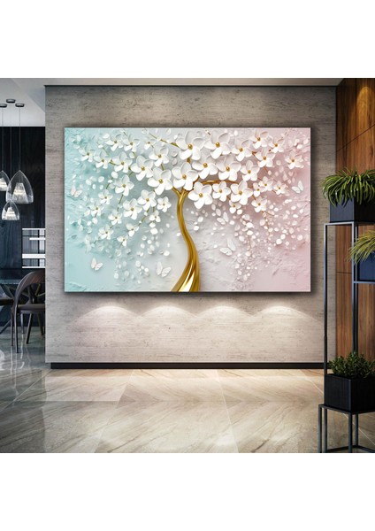 Altın Gövdeli Beyaz Porselen Çiçekli Ağaç Moden Sanat Kanvas Tablo