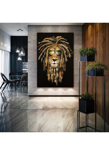 Gözlüklü Yeleleri Örgülü Tarz Aslan Bob Marley Müzik Dekor Kanvas Tablo