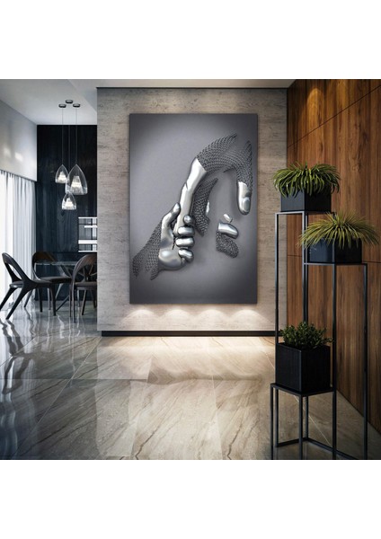 Metal Zincir Birbirini Tutan Demir Eller Love Gümüş Lüks Dekor Kanvas Tablo