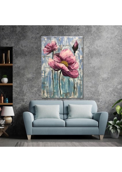 Mor Yapraklı Açmış Çiçek Yağlı Boya Efektli Bitki Dekor Kanvas Tablo