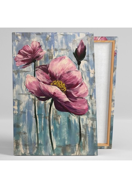 Mor Yapraklı Açmış Çiçek Yağlı Boya Efektli Bitki Dekor Kanvas Tablo fiyatları