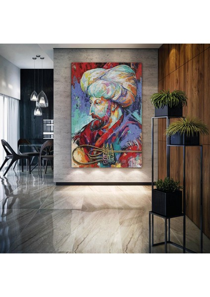 Fatih Sultan Mehmet Osmanlı Padişahı Tuğra İzma Yağlı Boya Efektli Art Dekor Kanvas Tablo